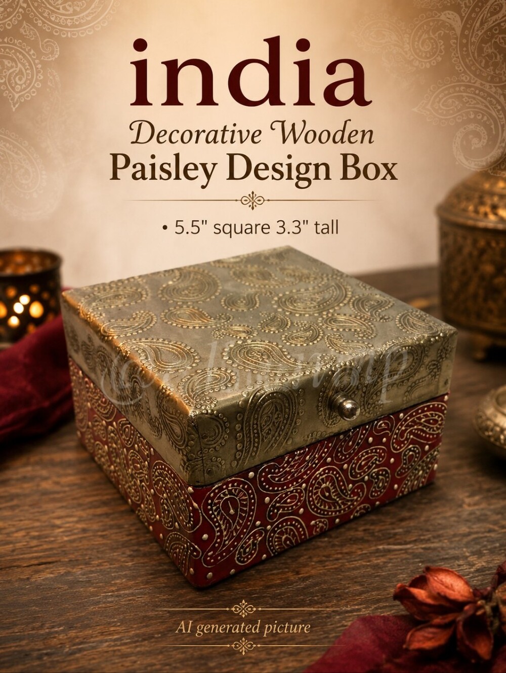 India Decorative Wooden Paisley Design Box 5.5" square 3.3" tall